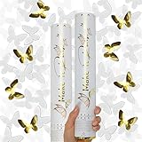 PrimePure Konfettikanone Weiß und Gold Schmetterlinge – 2 Stück – Schmetterling Konfetti Kanone Party Popper für Hochzeiten, Geburtstage und Festliche Veranstaltungen