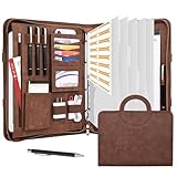 Leathario Schreibmappe A4 mit 5er Register DIN A4，Konferenzmappe mit 4 Ringbuch，Dokumentenmappe mit Reißverschluss，Griff，Klemmbrett,Ordner für Meeting, Business,Mappe für Schule, Uni Braun