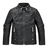 linboo Lederjacke Kinder Bomberjacke Jungen Mädchen Motorradjacke mit Stehkragen Blouson Frühling Herbst Kunstlederjacke, Schwarz 01, 146-152