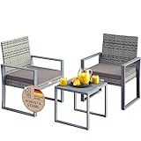 Casaria® Balkonmöbel Set WPC Tisch 160kg Belastbarkeit Polyrattan 2 Stühle Auflagen höhenverstellbare Füße Outdoor Wetterfest Garten Balkon Möbel Lounge Grau