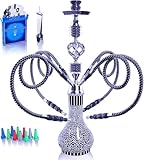 Shisha Komplettset mit 4 Schläuchen, 22'' Großes Shisha Kit für bis zu 4 Personen mit allem inklusive, Keramikschüssel | Premium-Schlauch| Schöne Glasvase (Schwarz QL8)