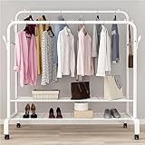 Stabiler Doppel-Kleiderwagen mit zwei Ablagen und Rollen, platzsparender Kleiderständer und Kleiderbügel für Kleiderschrank, weiß, ideal zum Aufbewahren und Aufbewahren von Kleidung