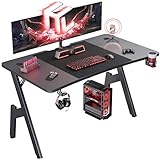 HLONONE Gaming Tisch 120 x 60 cm, Gaming Schreibtisch, Stabiler PC Schreibtisch mit Kohlefaserbeschichtung, Ergonomischer Computertisch mit Kopfhörerhaken und Getränkehalter, Schwarz