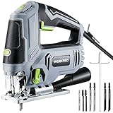 WORKPRO Stichsäge 850W, 3000 SPM mit 6 Geschwindigkeiten und 4 Orbitalpositionen, Staubblasfunktion, LED, ±45° Schnittwinkel, Mit Entstaubungsrohr & Führungslineal, Inkl. 7PC Sägeblätter