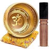 Tibetisches Klangschalen-Set – einfach zu spielen – OM-Design für Meditation, Klang, Chakra, Yoga, Heilung, 10,2 cm von Himalaya-Bazaar (Gold & Gelb)