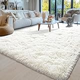 Hochflor Teppich Wohnzimmer 140x200cm, Creme Fuzzy Shaggy Flauschiger Teppich für Schlafzimmer Teppiche, Modern Plüsch Wohnzimmerteppich Bettvorleger High-Pile Carpet rutschfest für Kinderzimmer