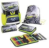 Eberhard Faber 577615 - Schulranzen Set Race Car, EFAlino, 4-teilig, mit Schulrucksack, Schüleretui, Schlamperrolle und Turnbeutel, Neon-gelb & Grau