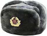 Vintage Sowjetische Armee Pelz Trapper Hut Herren Russische Trapper Winter Warme Mütze Kappe mit sowjetischem Abzeichen Uni Kunstpelz Uschanka Klappen Hut Sowjetischer Stil Uni Wintermütze,