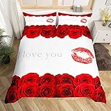 3D-Bettwäsche-Set mit roten Rosen, Queen-Size-Größe, rote Lippen und Blumen, Blumendruck, Bettbezug-Set für Kinder, Schlafzimmer, Dekoration, Liebes-Thema, Valentinstag für Paare, Mikrofaser-Bettbezug