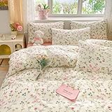 Covebett Bettwäsche 135x200 Baumwolle Weiß Rosa Blumen Blätter Pflanzenmuster Bettwäsche Set 2teilig Aesthetic Romantisch Mädchen Bettbezug und Kissenbezug 80x80 cm mit Reißverschluss