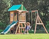 DOLPHIN PLAYGROUND T Holz-Schaukel Set mit Rutsche, Robustes Gartenspielzeug mit Picknicktisch, Spielhaus, 2 Schaukeln und Kletterwand, Outdoor-Spielgerät für Kinder ab 3 Jahren