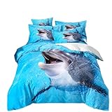 ZZTBQ Delphin blau Bettwäsche für Kinder 135x200 Kinderbettwäsche Bettbezug und Kissenbezug-Set Ozean Tier Delfin Blau Einzelbettwäsche Set