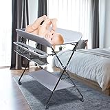 Wickeltisch Klappbar mit Rollen, Baby Wickelkombi Wickelkommode mit Wickelauflage, Sicherheitsgurt & Ablagefächern, Mobile Wickeltisch Höhenverstellbare & Stabil (Grau)