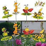 4er Set Blumenstecker Tiere auf Blatt | H60cm Eisen Polystyrol bunt | Biene Frosch Raupe Marienkäfer beweglich | Gartendeko (4)