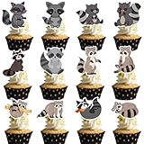 Silars Waschbär Tortendeko, 24 Stücke Racoon Cupcake Topper Waschbär Deko Geburtstag, Tortenaufleger Waschbaer für Cupcake DIY Deko für Tiermotiv, Babyparty, Geburtstag, Party