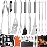 28-teilige Edelstahl Grillzubehör Set, Umfassendes Grillbesteck für das Grillen im Freien, Camping, Grillset Grillgeschenke für Männer zu Vatertag, Geburtstagen und Weihnachten mit Aufbewahrungskoffer
