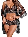 Avidlove Damen Sexy Dessous Set Spitze 3-Teilig Negilgee Unterwäsche Netz-Nachthemd Dünn Kimono Mesh Lingerie Sets Mit BH und Höschen，SchwarzS
