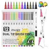 Dual Brush Pen Set, 12 Farben Doppelköpfige filzstifte Aquarellstifte Dicke und Dünne Pinselstifte Handlettering Stifte Doppelfasermaler Pinselstifte für Erwachsene Kinder Geeignet Malerei