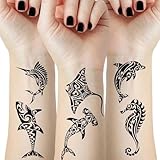 12 Bögen Temporärtattoos für Männer und Erwachsene, Maori Stachelrochen, Hai, Wal, Seepferdchen, Henna Tattoo Motive, Hawaiianische Fake Tattoos für Hals, Arme, Hände, Beine