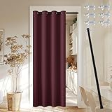 JCyh Türvorhang mit Stange und Magnetknopf, Vorhang Blickdicht mit Ösen für Wohnzimmer, Tür Vorhang innen ohne Bohren, Türvorhang Bordeaux Rot + Teleskopstange Schwarz 70-125 cm