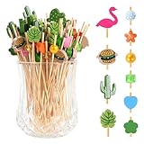 Mynoozi 100 Stück Cocktailspieße, 12cm Holz Cocktail Sticks, Fingerfood Spieße Cocktail Sticks Birthday mit verschiedenen Verzierungen an der Spitze für Lebensmittel Vorspeisenteller Snacks Käsespieße