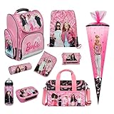 Familando Schulranzen 1. Klasse · ergonomischer Tornister · Schultasche für Jungen und Mädchen (Komplett Set mit Schultüte, Barbie)