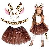 TYXHXTF 4 Tlg Giraffen Kostüm für Kinder, Tier Schwanz Fliege mit Tutu,Giraffenohr Stirnband, Dschungel Tierkostüm für Karneval Halloween Geburtstag Mottoparty