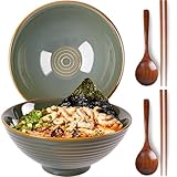 NUTRIUPS 2 x 1200ml Ramenschüssel aus Keramik mit Essstäbchen und Löffeln, 20cm Bowl Schüssel Suppenschüssel Groß，Tiefes Meergrün