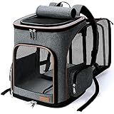 Lekesky Erweiterbar Katzenrucksack Hunderucksack für Katzen und Kleine Hunde, Faltbare Haustier Rucksack mit Innerer Sicherheitsleine und 2 Haustiermatte, Grau, M