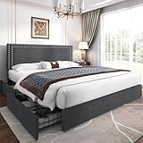 VECELO Polsterbett Doppelbett 140 x 200 cm mit 4 Stauraum Schubladen, Doppelbettgestell mit Höhenverstellbarem Kopfteil und Bettkasten, Bett mit Stauraum und Lattenrost, Ohne Matratze, Samt, Grau