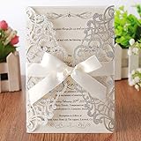 Hosmsua 20x Silber Hochzeit EinladungsKarten Für Lasercut Elegante Blume Spitze Glückwunsch Einladung Karten, 20 Stück inkl Umschläge (Silberfarbener Glitzer)