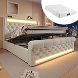 Generisch Modernes Polsterbett 140x200cm mit hydraulischem Stauraum, USB/Type-C-Ladestationen, LED-Beleuchtung & 7-Zonen-Matratze – Elegantes Samtdesign für maximalen Schlafkomfort