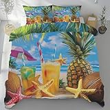 Lwznbio Bettwäsche Weich 180x200cm 3teilig Hawaii Thema Bettbezüge Bügelfrei mit 2 Kissenbezüge 80x80cm Seestern Ananas Kokosnuss Bettwäsche-Sets Mikrofaser mit Reißverschluss Knitterfrei
