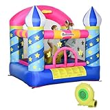 Outsunny Aufblasbare Hüpfburg mit Korb für 2 Kinder Burg Springburg mit Gebläse Spielburg Spielhaus für 3-12 Jahre Oxford-Gewebe, Polyester-Gewebe Mehrfarbig 195 x 195 x 215 cm