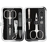 DREI SCHWERTER - Germany 6-tlg. Maniküreset 'Genova' | Set Nageletui aus Kunstlackleder schwarz gepunktet | Inhalt: Nagelschere, Hautschere, Nagelknipser, Glasnagelfeile, Pinzette, Saphirnagelfeile