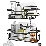 HapiRm Duschablage,Duschregal Ohne Bohren für Badezimmer und Küche,Duschkorb mit 11 Haken Seifenschale Rasiererhalter Shampoo Halterung für Dusche,Badezimmer Organizer SUS304, 3 Aufkleber ,Schwarz