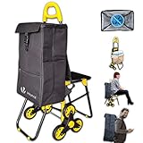 VOUNOT Einkaufstrolley Treppensteiger mit Kühlfach und Klappsitz, Einkaufswagen Klappbar mit 3 Räder, 40 L