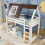 HUMNZR Kinderbett 90x200 mit Rausfallschutz, Hausbett Spielbett Kinder Bett, Vielseitiges Kiefernrahmen Kinderbett mit Leiter, braunes Dach, weißes Bett