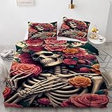 BSYYZQC Bettwäsche 135x200 Skeleton Bettbezug RosenblüTe Bettwäsche-Sets Mikrofaser, 1 Bettbezüge und 2 Kissenbezüge 80x80 cm, Bettwaesche 3 Teilig Mit ReißVerschluss