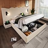 Polsterbett Doppelbett mit Leselampe und USB Type-C Ladefunktion, Stauraumbett Bettgestell mit Lattenrost aus Massivholz und Metall (Ohne Matratze) (Beige-Weiß+Cordstoff, 160x200cm(Innenmaße))