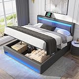 FEZTOY Polsterbett 140x200 cm mit Bettkasten, LED Beleuchtung, USB-Anschluss, Lattenrost & Kunstleder, Bett Bettgestell Doppelbett Jugendbett,ohne Matratze Grau