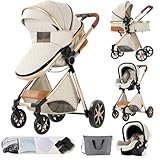 MoLi Kinderwagen 3 in 1, Kinderwagen mit Umkehrbarem Doppelschiebemodus, Buggy mit Großer Bequemer Babywanne, Kombikinderwagen 3 in 1 Rahmen Aluminiumlegierung Faltbar Hohe Landschaft (Creamy White)