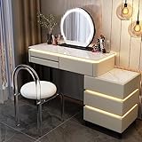 Beleuchtete Spiegelschublade, weißer Schminktisch mit Hocker, eleganter Make-up-Tisch mit 3 Lichteinstellungen, Seitenschrank (Khaki 99,3 cm)