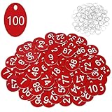 Flintronic 100 Stück Kunststoff Nummernschilder, ID-Nummernschilder aus Kunststoff, Kleine Wasserdichte Zahlenmarken, ID Tags mit Loch, mit Schlüsselringe, für Garderobe Hotel(Rot, 1-100)