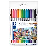 STAEDTLER 3200 Doppelfasermaler, zwei Spitzen für schmale und breite Linien, Etui mit 12 Doppelfasermalern in sortierten Farben, 3200 C12