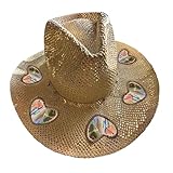 Generisch Lichtfangender Stroh Cowboyhut Für Damen | Stroh Cowboyhut Mit Breiter Krempe | Uv Schutz Strohhut Cowgirlhut Für Damen Mit Mond Und Stern | Stilvolle Strohhüte Für Damen