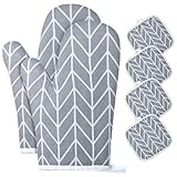 AUAUY 1 Paar Ofenhandschuhe und 4 Topflappen, Baumwolle rutschfeste Topfhandschuhe, Waschbare Backofenhandschuhe, Hitzebeständig [bis 180°C/356°F] Kochhandschuhe zum Kochen Backen Grillen (Grau)