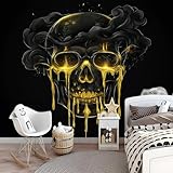 Fototapete Gothic Totenkopf Rauch Schwarz Gold 400 X 280 Cm(Wxh),Vlies Fototapete Schlafzimmer, Tapete, Designtapete Fototapeten Vliestapete Wandtapete Moderne Wand Wandbild Schlafzimmer Uv-Beständig