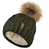 TOSKATOK Damen Chunky weichen Kabel Stricken Hut mit gem�tlichem Fleecefutter und abnehmbarem Kunstpelz Pompom-Olive