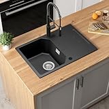 ANYCEE Spülbecken Schwarz aus Granit 65x45 cm, Granitspüle Schwarz mit Abtropffläche für ab 40er Unterschrank, Waschbecken Küche mit 80% Quarzsand, Küchenspüle inkl Siphon & Über